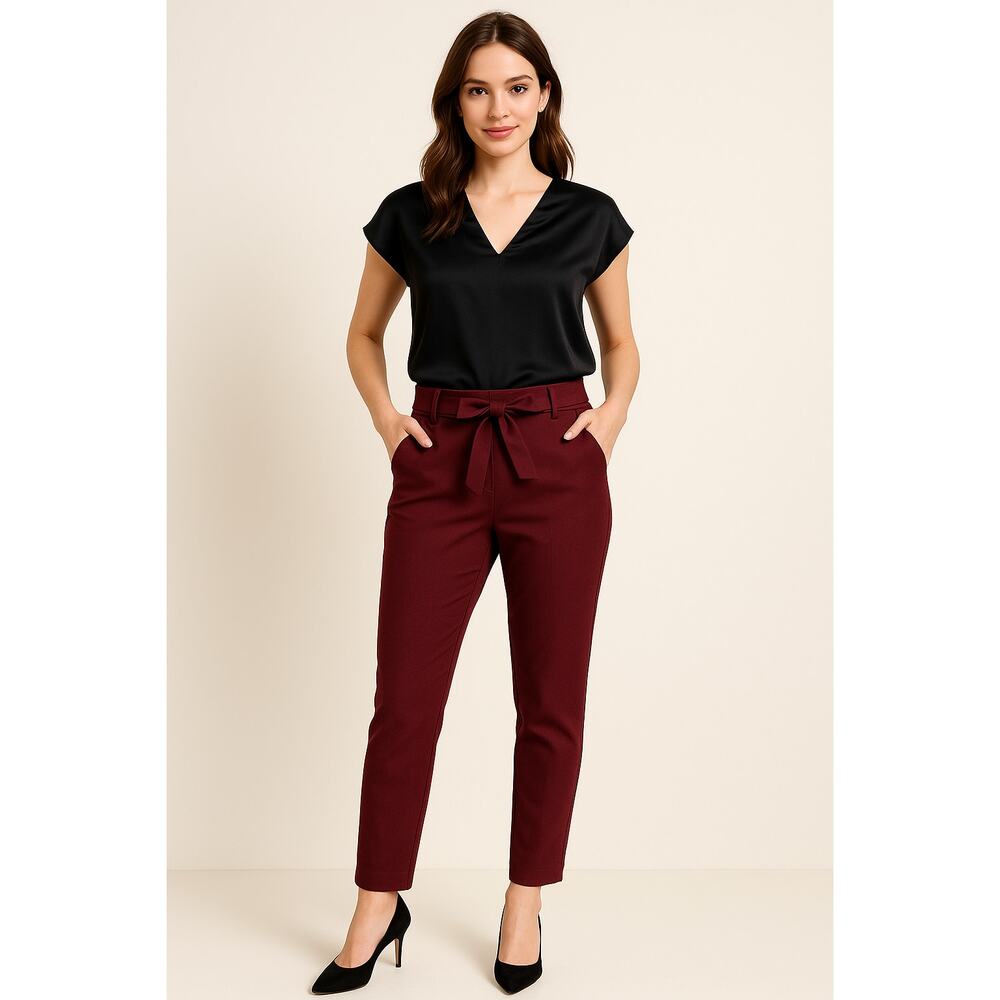 LOFT High Rise Skinny Ankle Pants Women 2 Burgundy Stretch Belted Dress Slacks